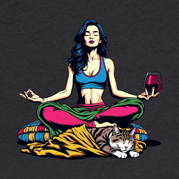 Woman Cat and Wine Meditation by Sideways Tees